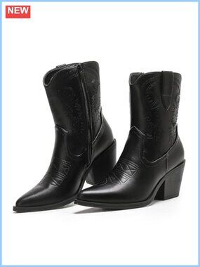 Women's Western Ankle Booties Embroidered Pointed Toe Block Heel Cowboy Boots